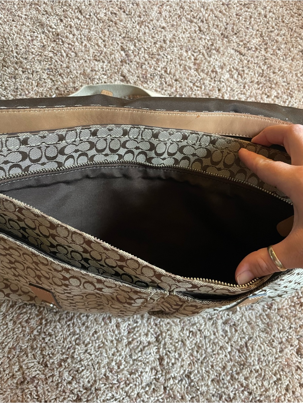 Coach Canvas Messenger Bag in Khaki and Tan with Stripe Detail - Picture 8 of 13